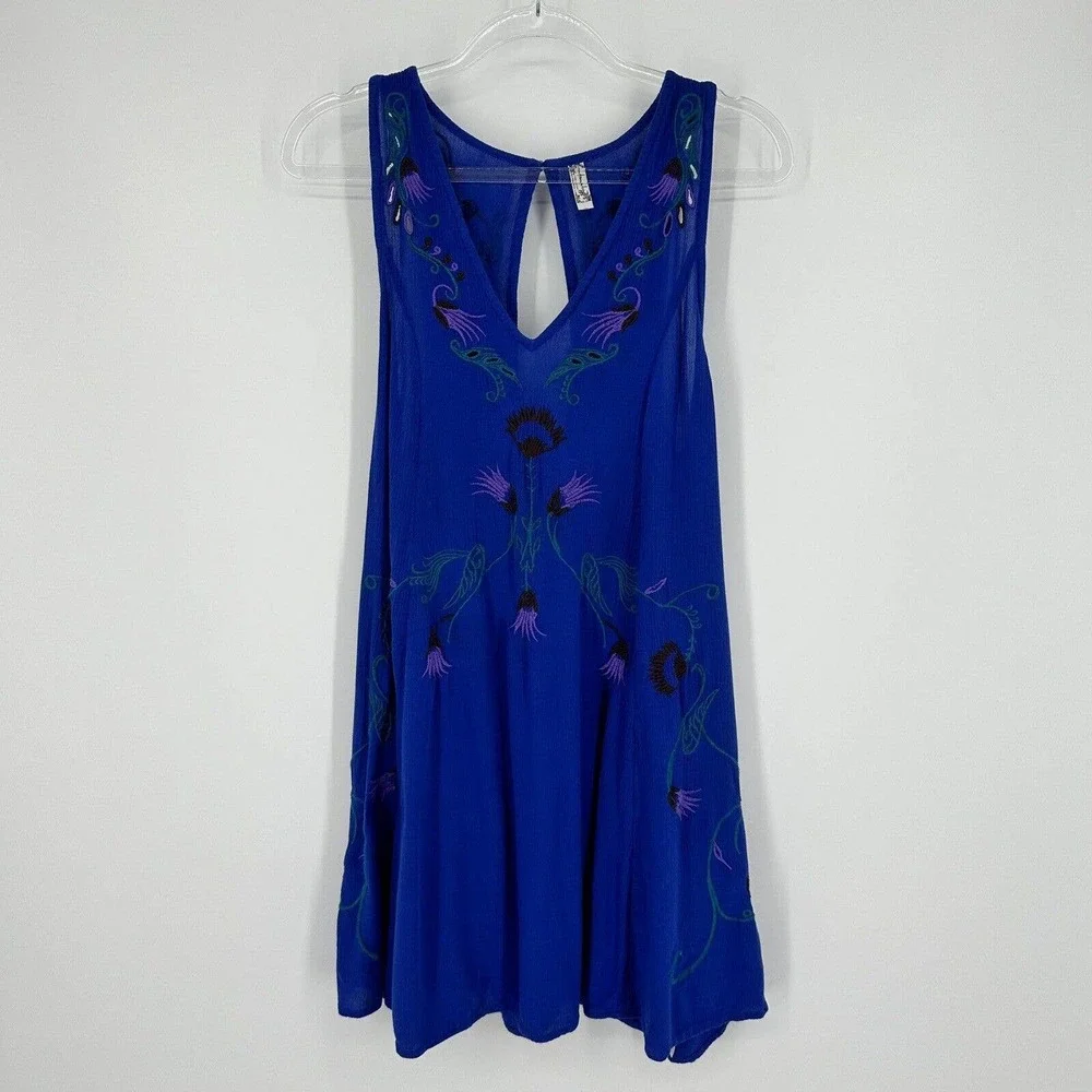 Free People Adelaide Embroidered Shift Mini Dress Ocean Blue Size XS - Picture 3 of 12